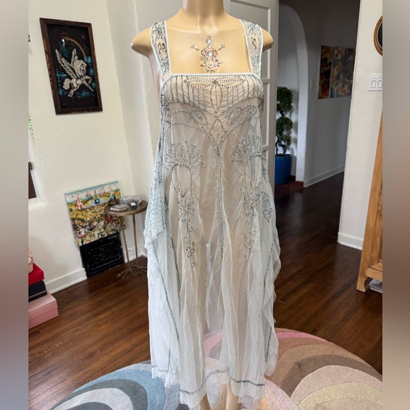 Free People Dresses & Skirts - Free People Baby Blue Sheer Lace Dress w/ Intricate Beading size S